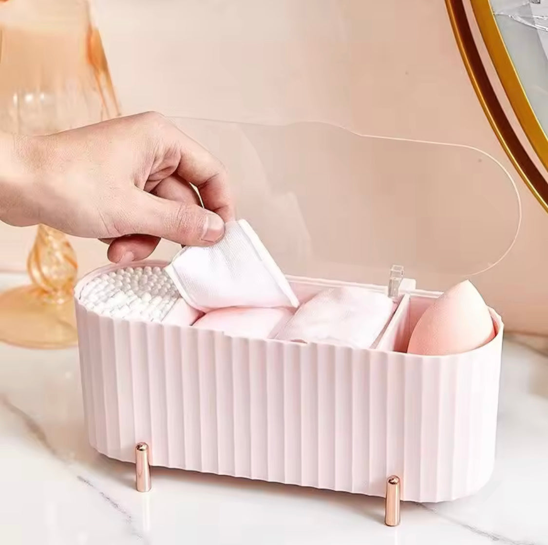 Desktop Cotton Swabs Storage Case, Cosmetic Storage Box With Lid, Beauty Blender Storage Organizer, Makeup Cotton Wipes Organizer Desktop Cotton Swabs Storage Case, Cosmetic Storage Box With Lid, Beauty Blender Storage Organizer, Makeup Cotton Wipes Organizer